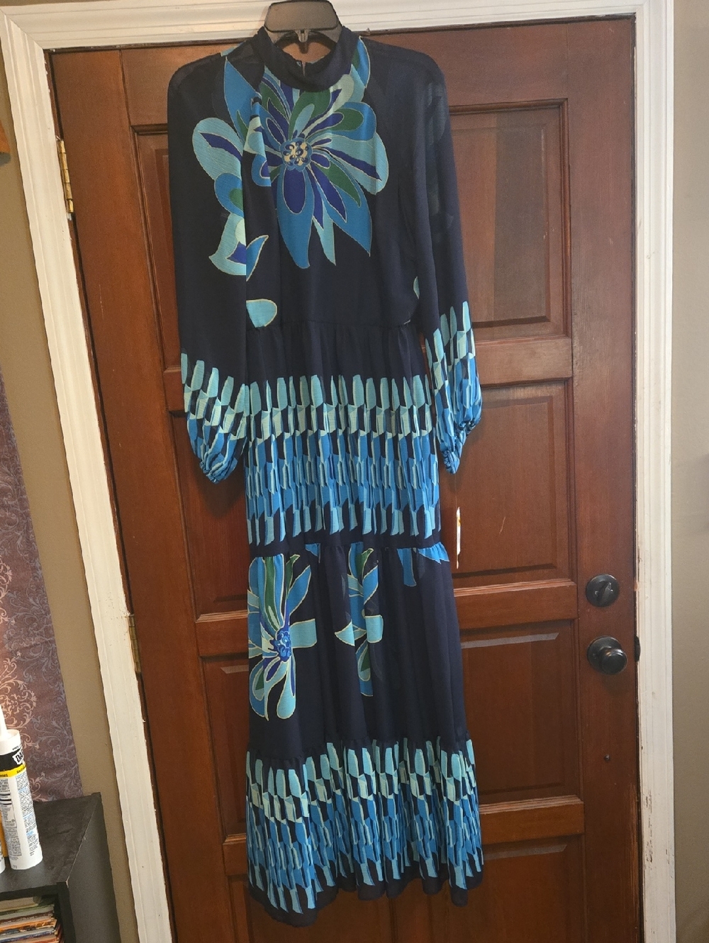 Maison Tara Navy Blue Floral Long Sleeve Maxi Dress Sz 8